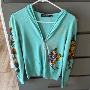 Ed Hardy Turquoise Zip Hoodie with Butterfly & Floral Sleeve Prints